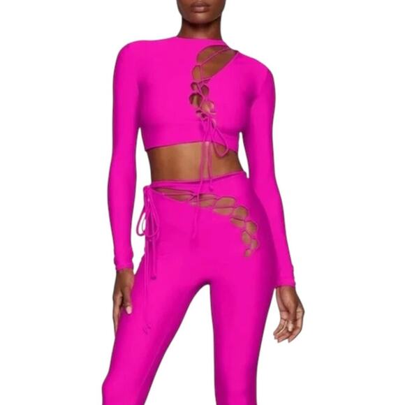 Skims Fits Everybody Cut Out Fuchsia/Barbie Pink Long Sleeve Crop Top/Shirt |NEW - Picture 4 of 11